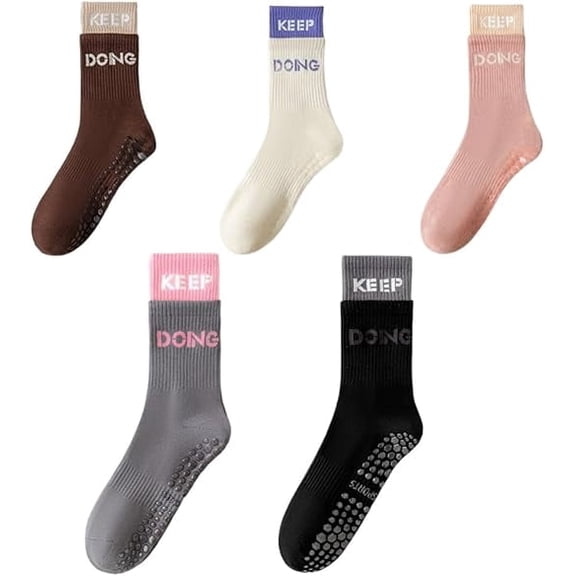 Women Pilates Grip Socks Non Slip – 3 Pairs Breathable Mid-Calf Yoga Barre Socks with Letter Print for Gym Workout Athletic Use