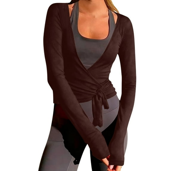Women Pilates Wrap Top,Deep V Neck Casual Tops Long Sleeve Self Tie Dance Shirt Long Sleeve Ballet Pilates Yoga Workout Wrap Shirts Pilates Yoga Tops