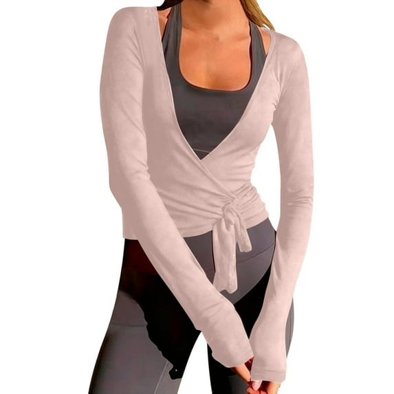 Women Pilates Wrap Top,Deep V Neck Casual Tops Workout Active Blouses Pilates Yoga Tops Casual Slim Fit Sports Active Top Long Sleeve Self Tie Dance Shi