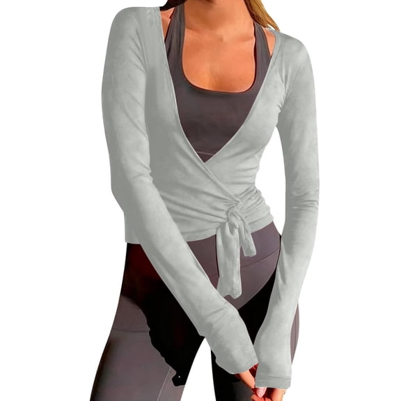 Women Pilates Wrap Top，Pilates Yoga Tops Long Sleeve Self Tie Dance Shirt Casual Slim Fit Sports Active Top Deep V Neck Casual Tops Workout Active Blous