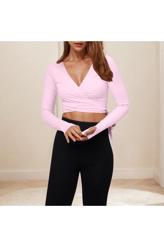Women Pilates Wrap Top Workout Ballet Self Tie Shirt Long Sleeve Cross V Neck Yoga Blouse Pink L