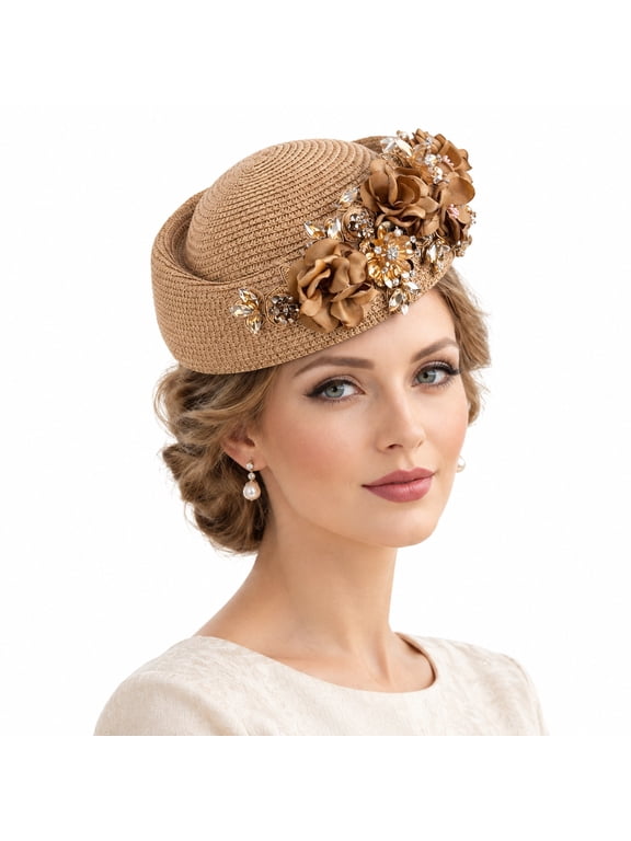 Women Pillbox Hat Fascinator, Floral Rhinestone Headpiece, Elegant Lightweight Formal Hat with Drawstring Closure, Perfect for Wedding, Church, Tea Party, Valentine's Day, Hand Washable