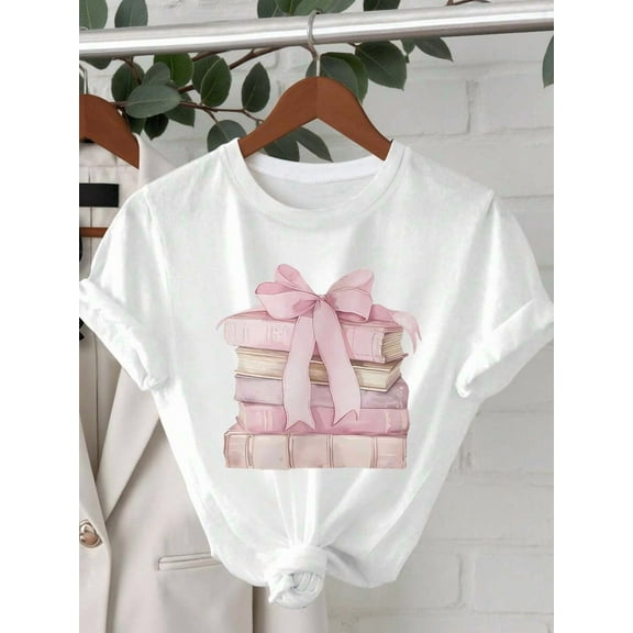 Women Pink Bow & Books Graphic T-Shirt - Casual Short Sleeve Crew Neck Tee, Suitable For Summer And Spring