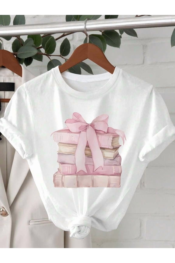 Women Pink Bow & Books Graphic T-Shirt - Casual Short Sleeve Crew Neck Tee, Suitable For Summer And Spring