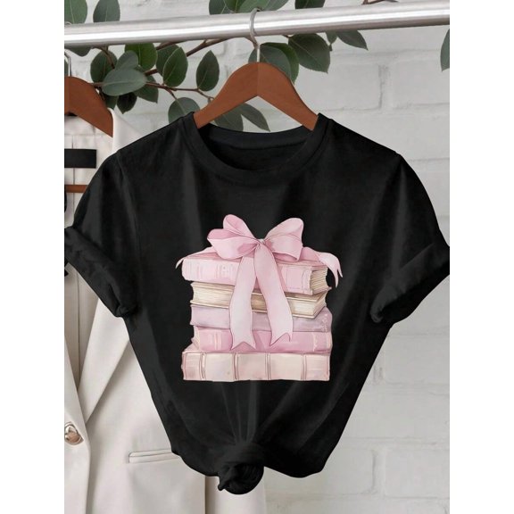 Women Pink Bow & Books Graphic T-Shirt - Casual Short Sleeve Crew Neck Tee, Suitable For Summer And Spring