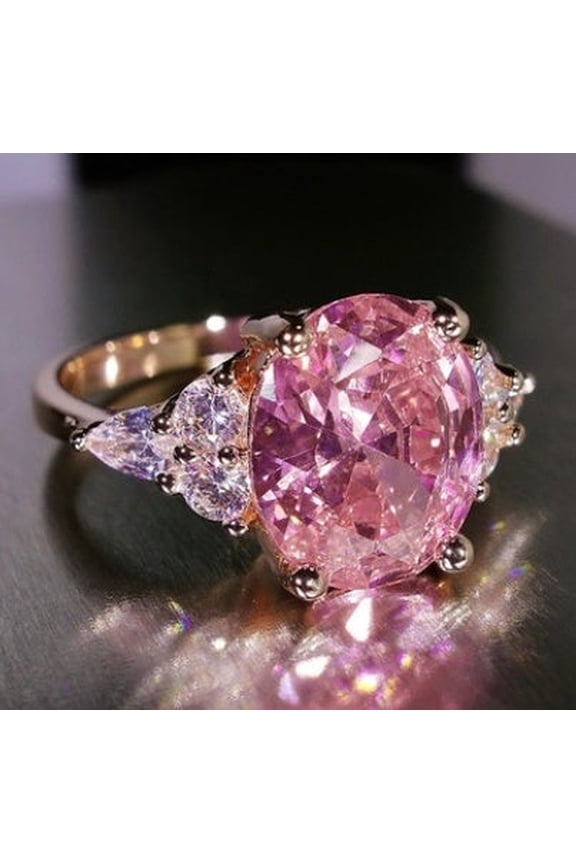 Women Pink Crystal Ring Princess Cut Simulated Diamond Goose Egg Shape Engagement Gift Silver Tone Best Choice