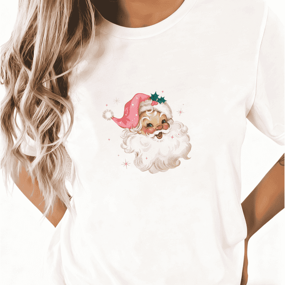 Women Pink Cute Men Graphic Tee T-Shirt Pink Santa Vintage Christmas Print Top Short Sleeve Round Neck White S-5XL