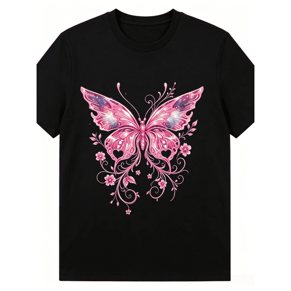 Women Pink Galaxy Butterfly Floral Graphic Crew Neck T-Shirt, Sparkly Cosmic Star Butterfly Vine Flower Casual Short Sleeve Tee