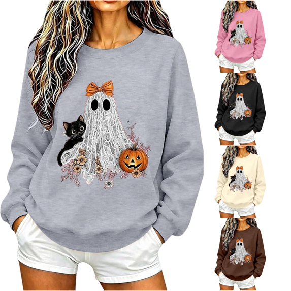 Women Pink Ghost Black Cat Pumpkin Graphic Crewneck Sweatshirt Cute Halloween Holiday Pullover Top