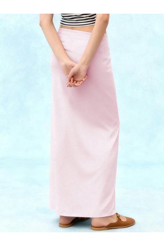 Women Pink Maxi Straight Skirt Casual Solid Foldover Low Rise