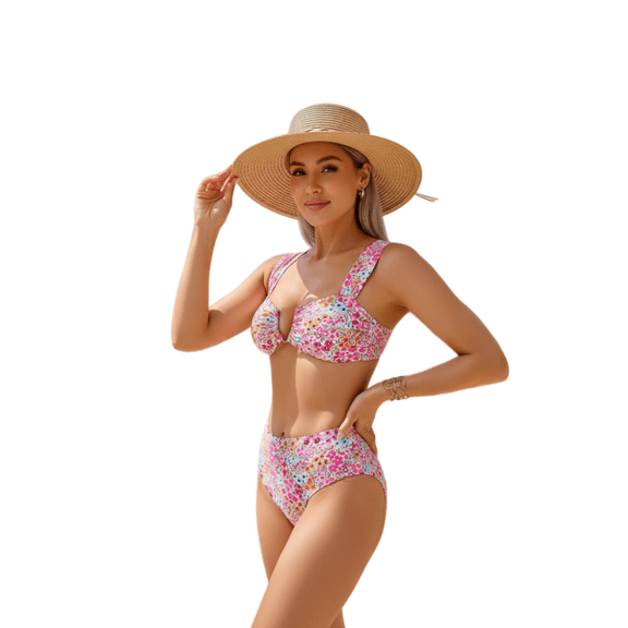Women Pink Multi Ditsy Floral Wide Adjustable Strap Keyhole Underwire Bikini Top, High Waist Full Coverage Two Piece Tummy Control Bathing Suit Sizes