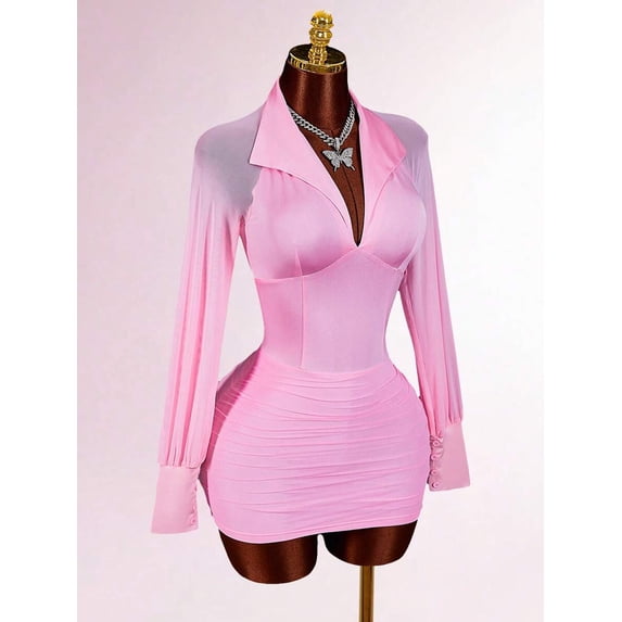 Women Pink V-Neck Long Sleeve Bodycon Mini Dress Cinched Waist Mesh