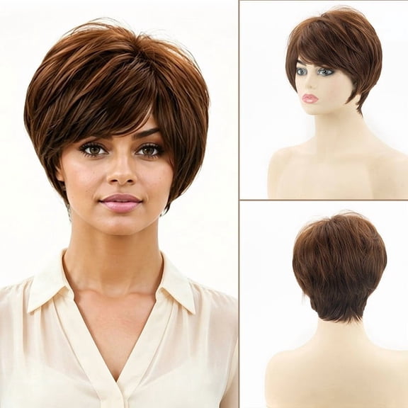 Women Pixie Cut Wig Short Brown Wig Side Bangs Synthetic Hair Natural Look