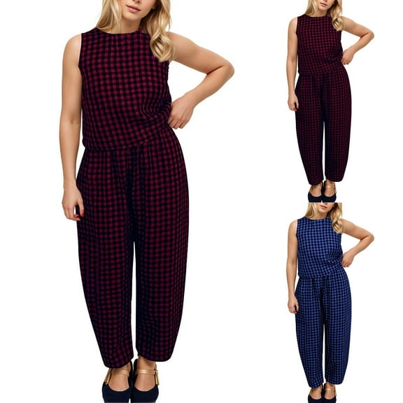 Women Plaid 2 Piece Lounge Sets Sleeveless Crewneck Vest Tank Casual Long Pants Sleepwear Trendy Cozy Lightweight Outfits Summer Fall Matching Clothes