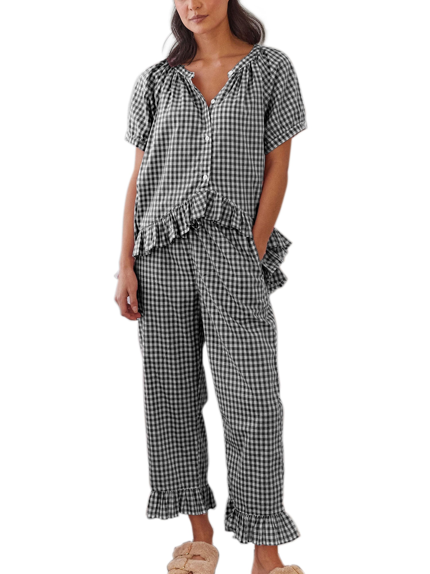 Women Plaid Piece Pajama Set Puff Sleeve Babydoll Shirt Ruffle