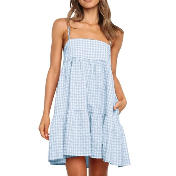 Women Plaid A Line Sundress Strappy Casual Mini Dress with Ruffled Hem