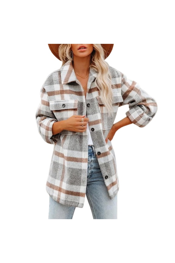 Women Plaid Button Down Shacket Jacket Casual Long Sleeve Collar