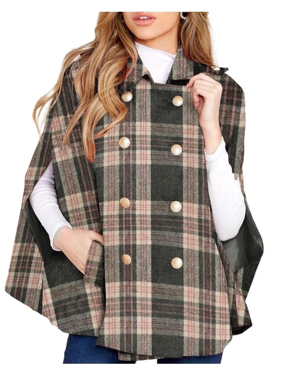 Women Plaid Cape Coat Stand Collar Double Breasted Sleeveless Poncho Jacket for Holiday Christmas