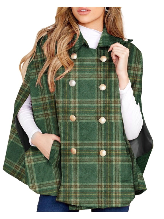 Women Plaid Cape Coat Stand Collar Double‑Breasted Sleeveless Poncho Jacket