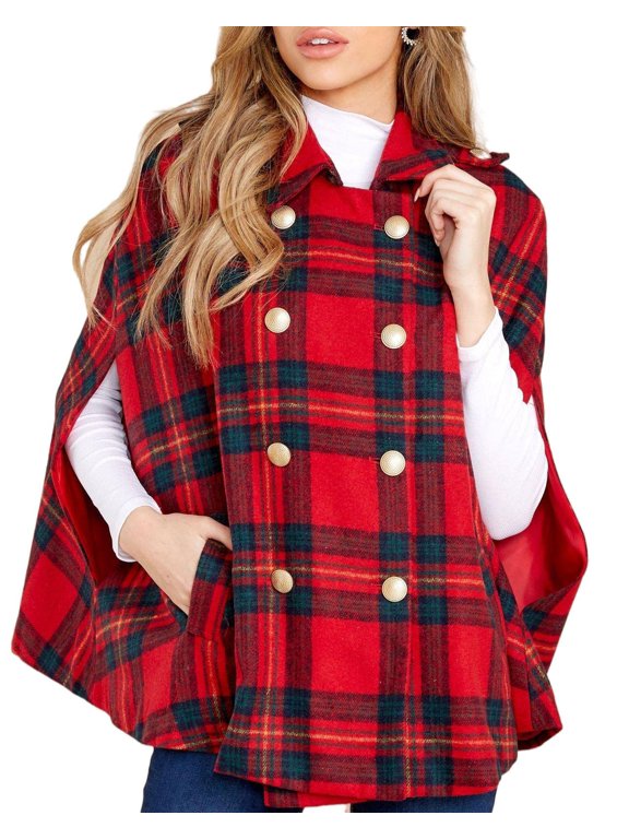 Women Plaid Cape Coat Stand Collar Double Breasted Sleeveless Poncho Jacket for Holiday Christmas