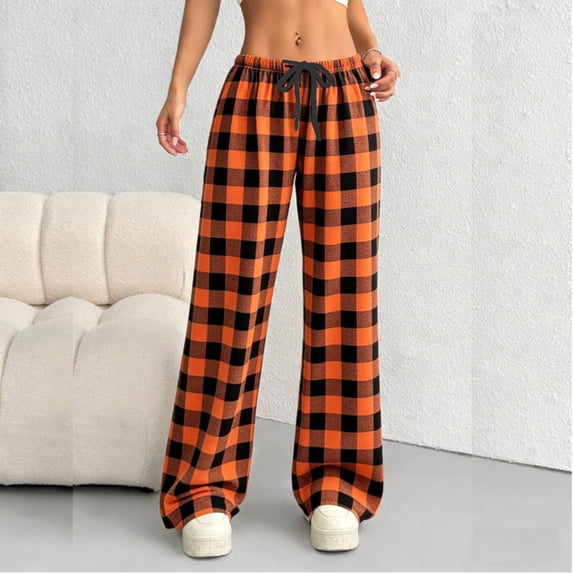 Women Plaid Capri Pants Cotton Yoga Wide Leg Pajama Pants Capris Sweatpants Sports Orange M