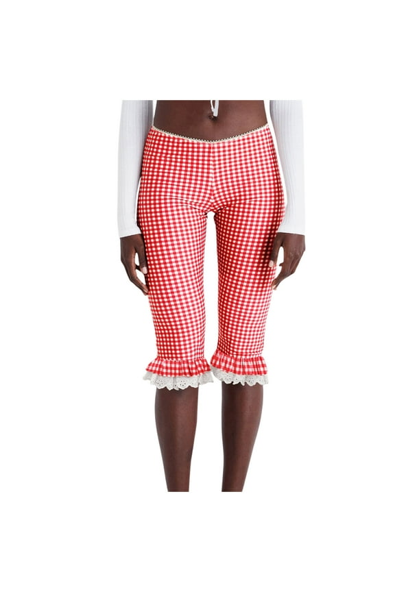 Women Plaid Capri Trousers Elastic Waist Knee Length Tights Ruffled Lace Summer Cropped Gingham Pants
