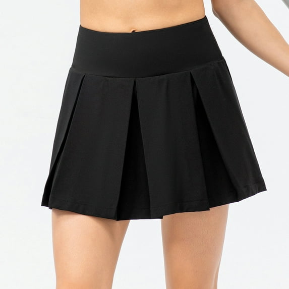 Women Plaid Casual Mini Skater Skirt with Shorts Elastic Tennis Skirt High Waist Basic Pleated Golf Skorts with Pockets Black S