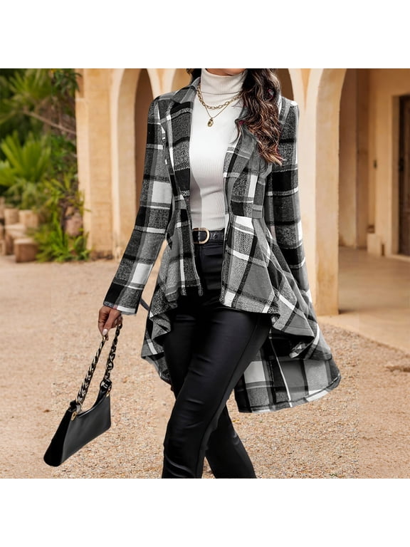Women Plaid Coat Flowy Ruffle Hem Shacket Jacket Button Open Front Lapel Long Sleeve Cardigan Peplum Babydoll Gray L