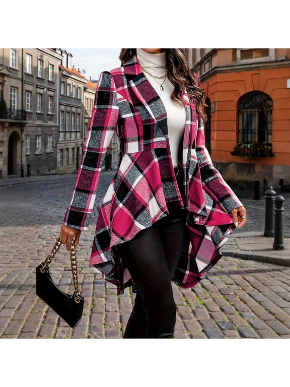 Women Plaid Coat Flowy Ruffle Hem Shacket Jacket Button Open Front Lapel Long Sleeve Cardigan Peplum Babydoll Hot Pink XXL