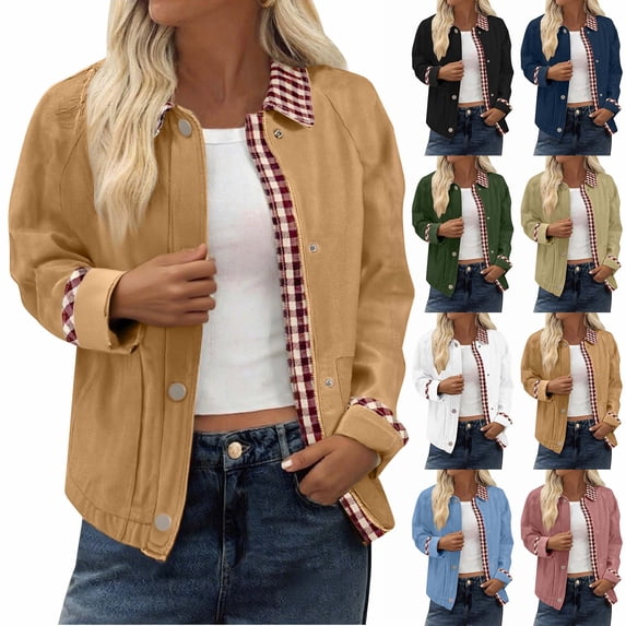 Women Plaid Collar Jacket Lightweight Lapel Button Down Trench Coat Trendy Casual Long Sleeve Fall Jacket,M,Blue