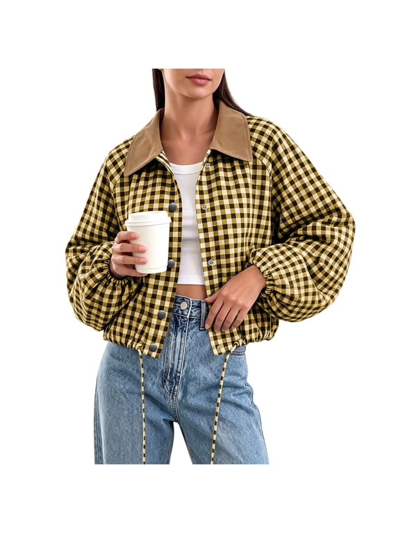 Women Plaid Cropped Jacket Snap Collared Long Sleeve Shacket Coat,Relaxed Casual Daily Outing Wear with Drawstring Hem,Yellow,XXL