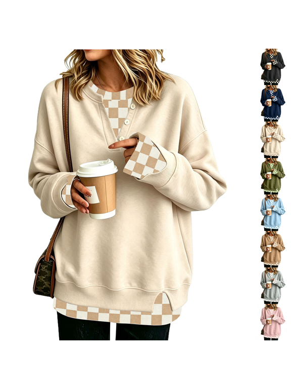 Women Plaid Fake Two Piece Crew Neck Long Sleeves 2 in 1 Pullover Tops Layered 2 in 1 College Clothes Y2k Tops Alt Grunge Goth Oversized Pullover Beige 3XL