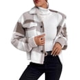 thumbnail image 1 of Women Plaid Fleece Jacket Casual Long Sleeve Cropped Cardigan Coat Button down Warm Fall Winter Outerwear New Plus Size Jackets for Women Khaki L, 1 of 8