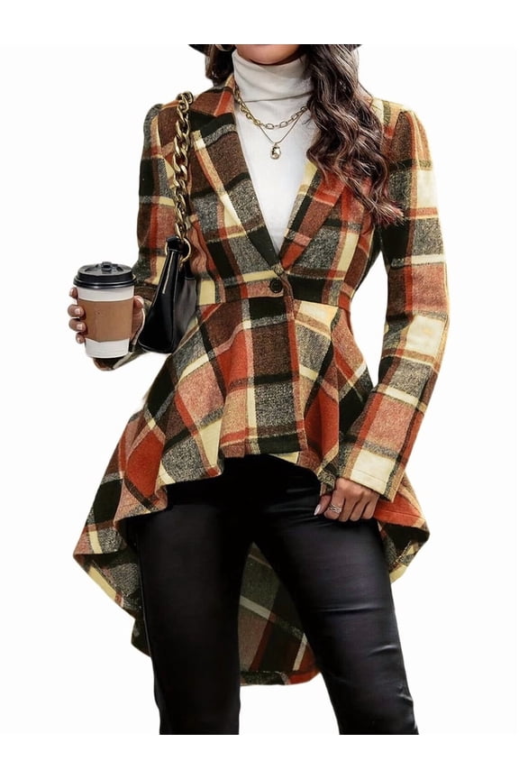 Women Plaid Flowy Ruffle Hem Shacket Jacket Button Lapel Long Sleeve Cardigan Coat Babydoll Shirt Top Orange L