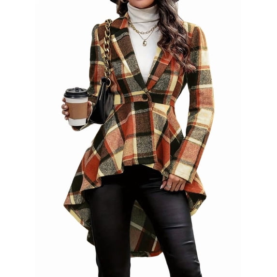 Women Plaid Flowy Ruffle Hem Shacket Jacket Button Lapel Long Sleeve Cardigan Coat Babydoll Shirt Top Orange XL