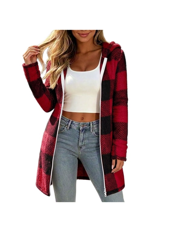 Women Plaid Fuzzy Hooded Zip Up Jacket, Women Long Sleeve Fuzzy Plaid Coat, Casual Loose Mid‑Length Hooded Outerwear, Buffalo Plaid Fleece Zip Top, Fall Winter Women Plaid Hoodie Jacket