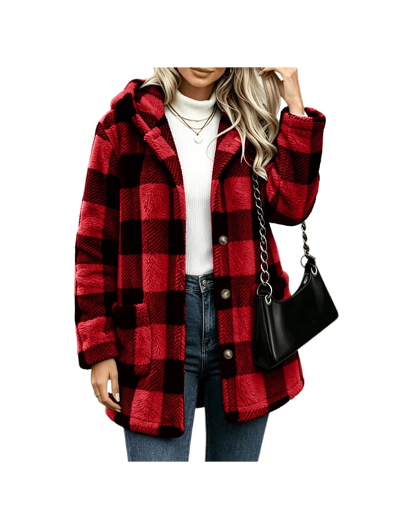 Women Plaid Fuzzy Shacket Jacket Hooded Button Long Sleeve Coat with Pocket,Warm Windproof Winter Daily Outdoor Casual Wear,Red,M