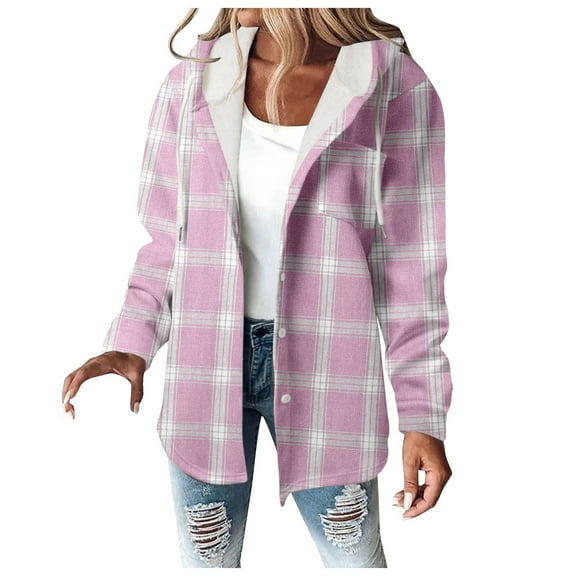 Women Plaid Hooded Jackets Drawstring Fall Long Sleeve Button Down Shackets Winter Warm Trendy Fashion Loose Clothing
