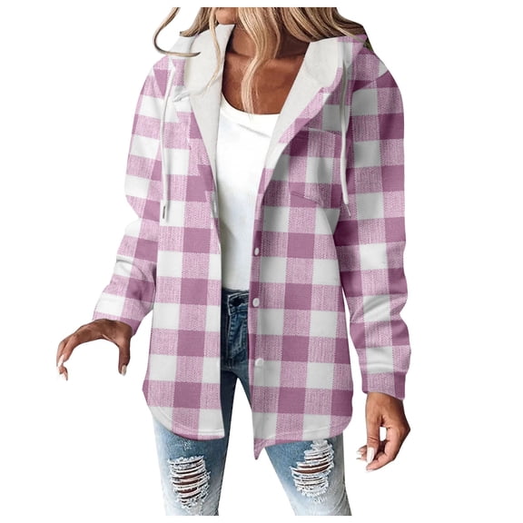Women Plaid Hooded Jackets Drawstring Fall Long Sleeve Button Down Shackets Winter Warm Trendy Fashion Loose Clothing