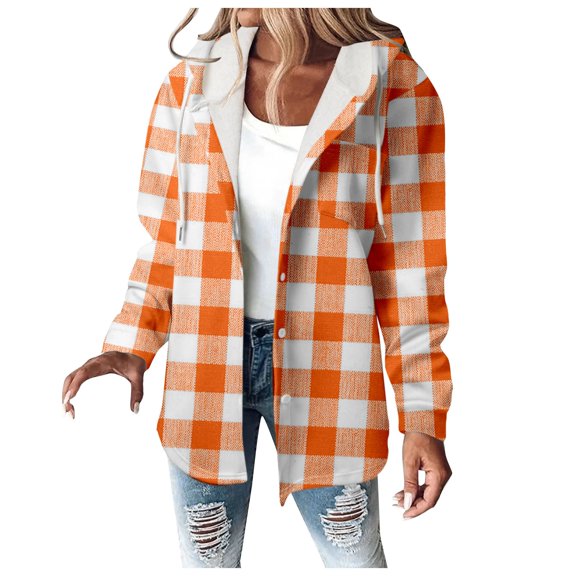 Women Plaid Hooded Jackets Drawstring Fall Long Sleeve Button Down Shackets Winter Warm Trendy Fashion Loose Clothing