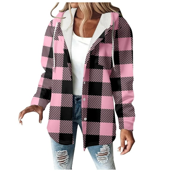Women Plaid Hooded Jackets Drawstring Fall Long Sleeve Button Down Shackets Winter Warm Trendy Fashion Loose Clothing