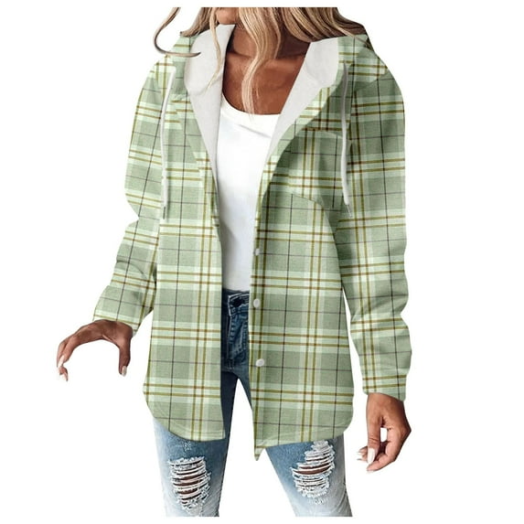 Women Plaid Hooded Jackets Drawstring Fall Long Sleeve Button Down Shackets Winter Warm Trendy Fashion Loose Clothing