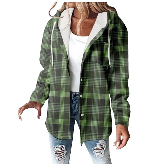 Women Plaid Hooded Jackets Drawstring Fall Long Sleeve Button Down Shackets Winter Warm Trendy Fashion Loose Clothing