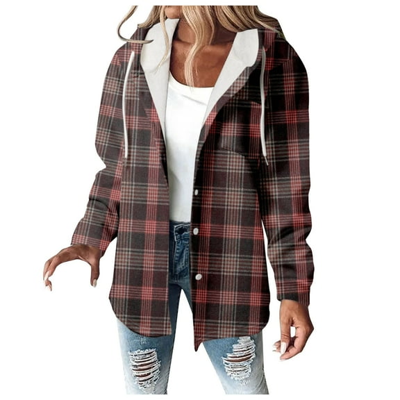 Women Plaid Hooded Jackets Drawstring Fall Long Sleeve Button Down Shackets Winter Warm Trendy Fashion Loose Clothing