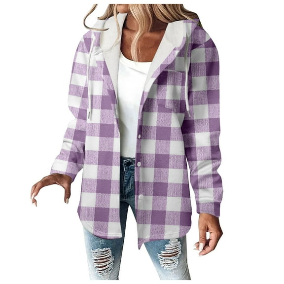 Women Plaid Hooded Jackets Drawstring Fall Long Sleeve Button Down Shackets Winter Warm Trendy Fashion Loose Clothing