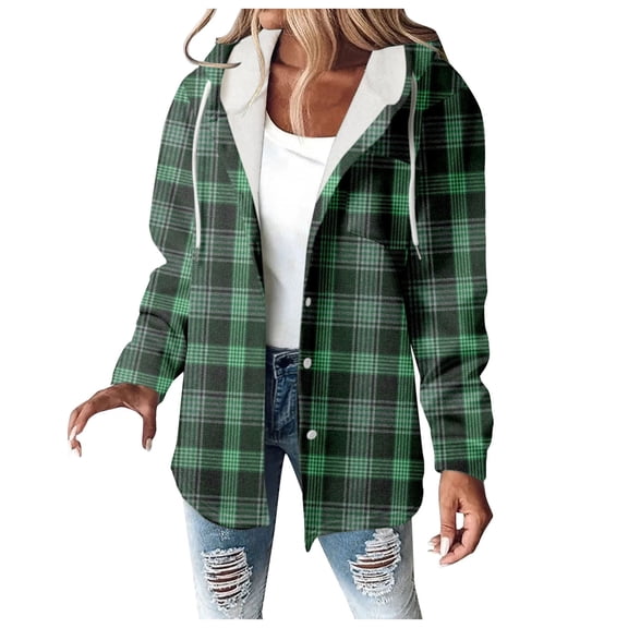 Women Plaid Hooded Jackets Drawstring Fall Long Sleeve Button Down Shackets Winter Warm Trendy Fashion Loose Clothing