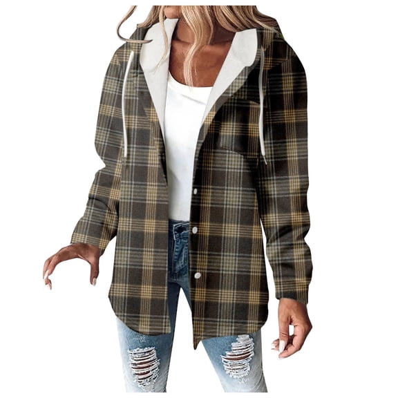 Women Plaid Hooded Jackets Drawstring Fall Long Sleeve Button Down Shackets Winter Warm Trendy Fashion Loose Clothing