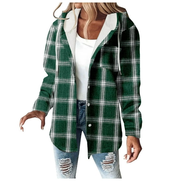 Women Plaid Hooded Jackets Drawstring Fall Long Sleeve Button Down Shackets Winter Warm Trendy Fashion Loose Clothing
