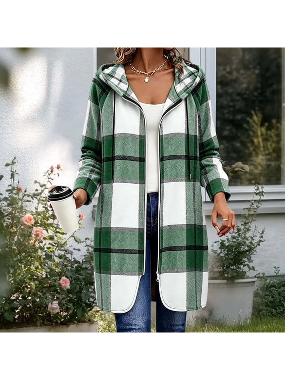 Women Plaid Hooded Side Zip Long Sleeve Jacket Tops Polycotton