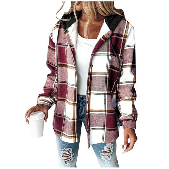 Women Plaid Hoodie Shirts - Women Fleece Lined Button-up Shirt Jackets - Female Winter Warm Casual Travel Long Sleeve Flannel Tops with Chest Pockets
